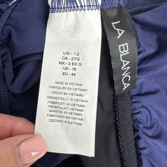 La Blanca Navy White Sea Scallops Multi-Strap Plunge One Piece Swimsuit Sz 12 - Picture 6 of 9